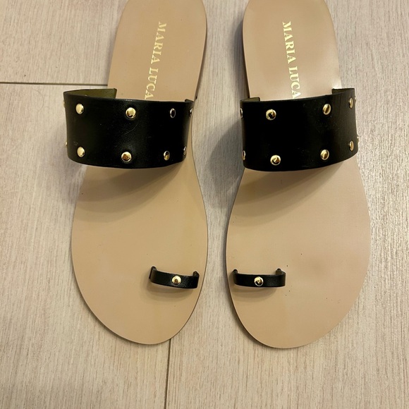 New! Maria Luca Black Studded Flat Sandals - Picture 1 of 4